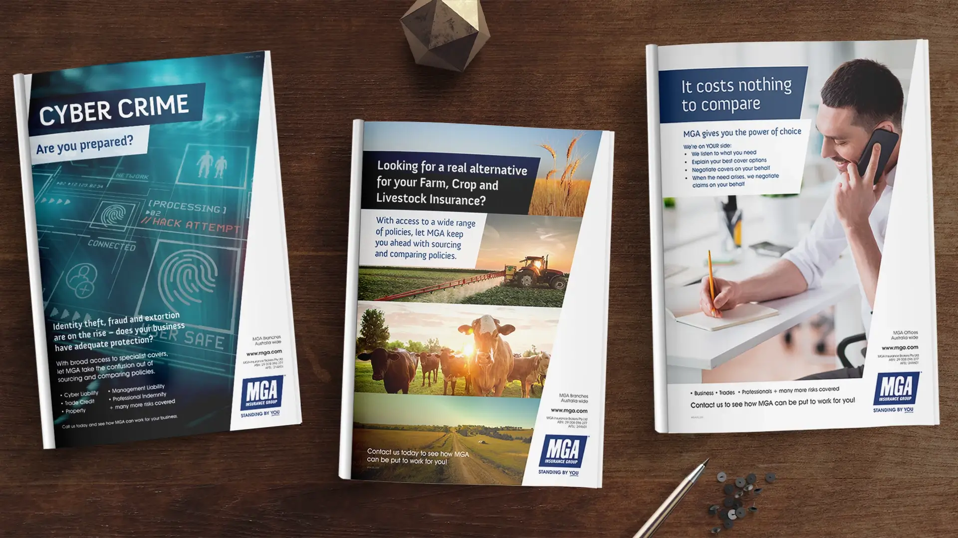 Full page adverts for MGA insurance in various publications, featuring cyber crime, business insurance, farm and crop insurance.